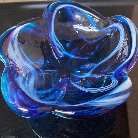 ART glass trinket dish bowl purple blue white swirl flower floral petal - Picture 1 of 6